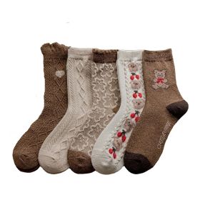 5 Pairs Cute Bear Socks Women High Wool Keep Warm Brown Winter Sock Fuffy Funny Lovely Kawaii Cartoon Christmas Gift Thermal Size 35-40 (Color: Random)